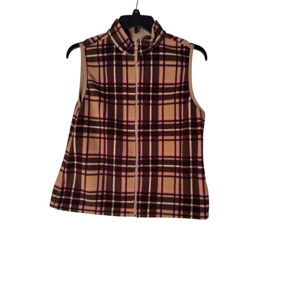 Vintage Y2K Fleece Mountain Lake Brown/Pink Plaid Vest Sleeveless‎ Women's L